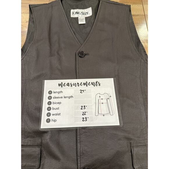 King Size Brand Mens Large Genuine Leather Brown Sleeveless Button Down Pockets - Picture 2 of 6